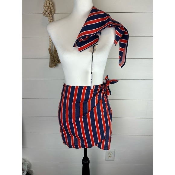 NWOT WeWoreWhat Ribbon Stripe Bandana and Wrap Skirt in Blue Depths OS/XS - Picture 1 of 7